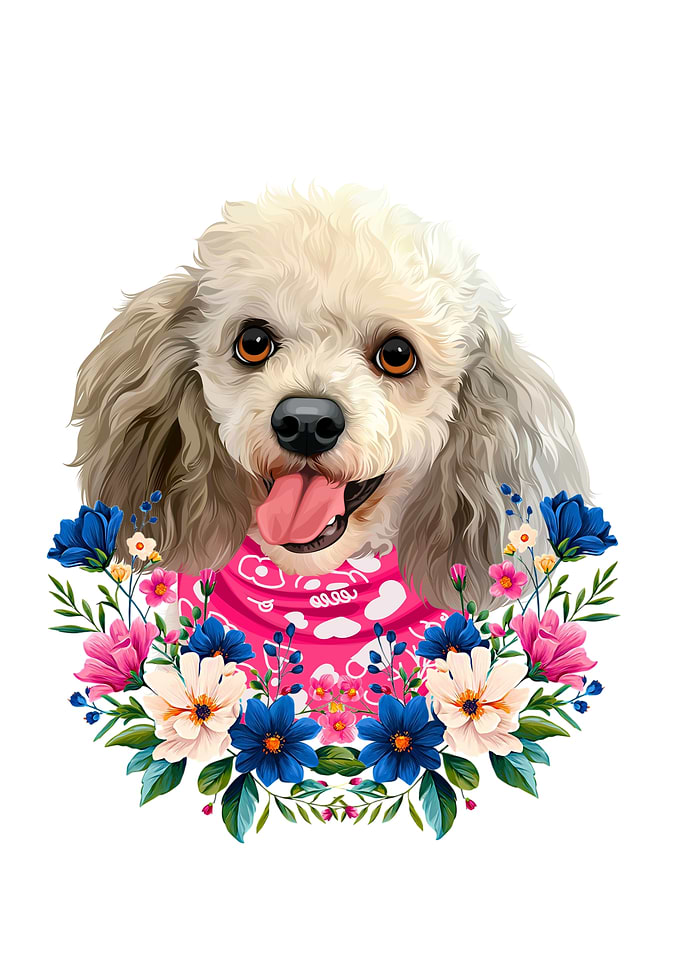 Cute Poodle Portrait with Floral Wreath