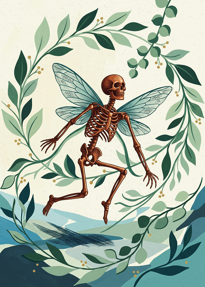 Skeleton Fairy With Wings In Floral Wreath Botanical Nature Art Print