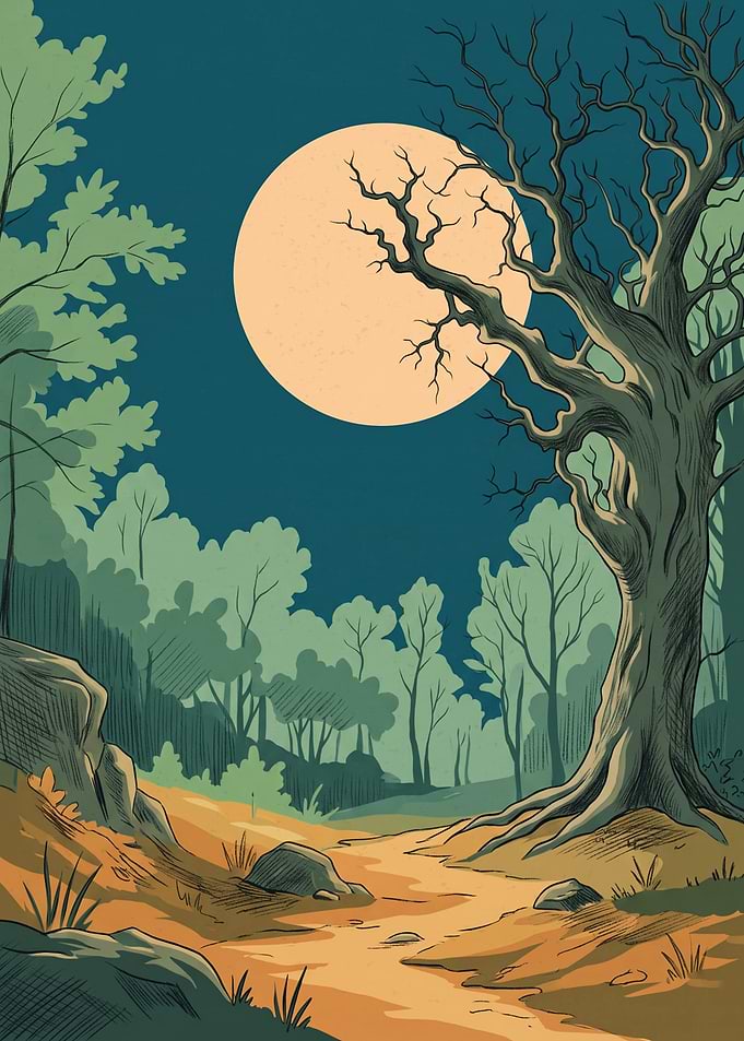 Full Moon Forest Landscape Nature Scenery Graphic Illustration Vector Art