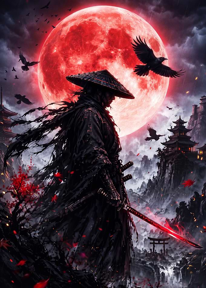 Samurai Red Moon Dark Fantasy Art