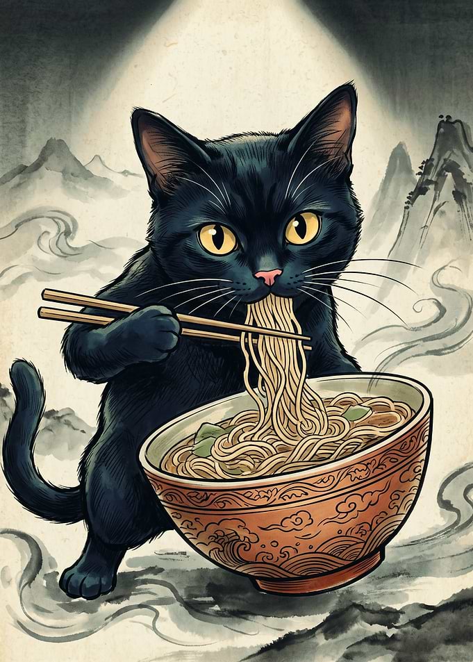 Black Cat Eating Ramen Asian Food Japanese Ink Wash Art