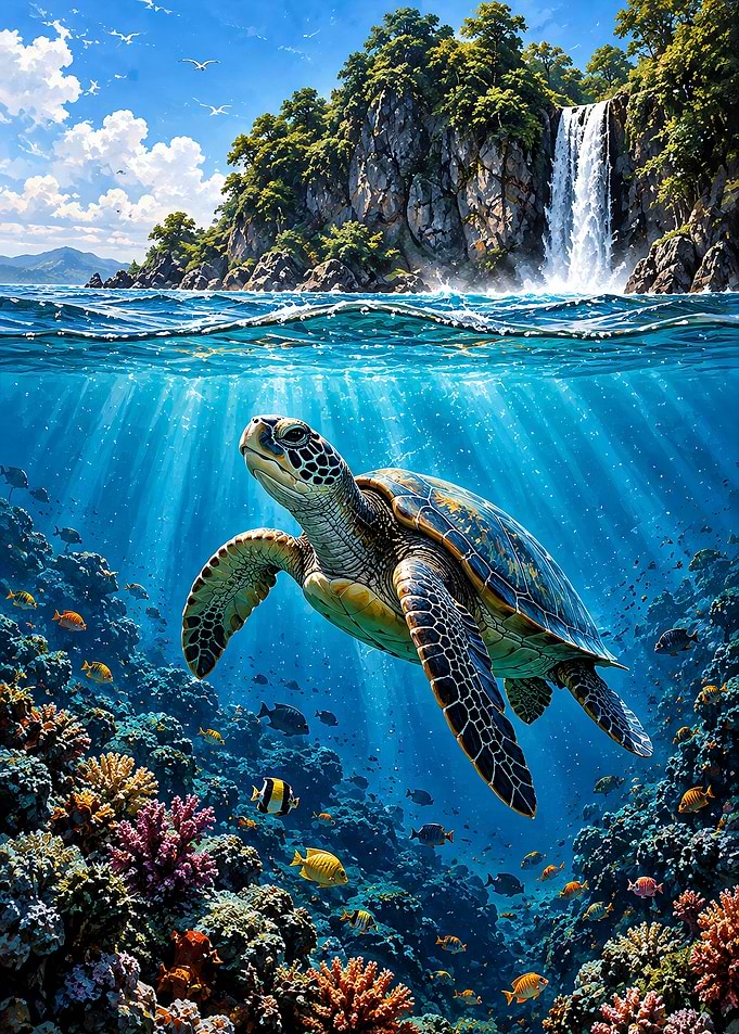 Sea Turtle Swimming in Tropical Reef