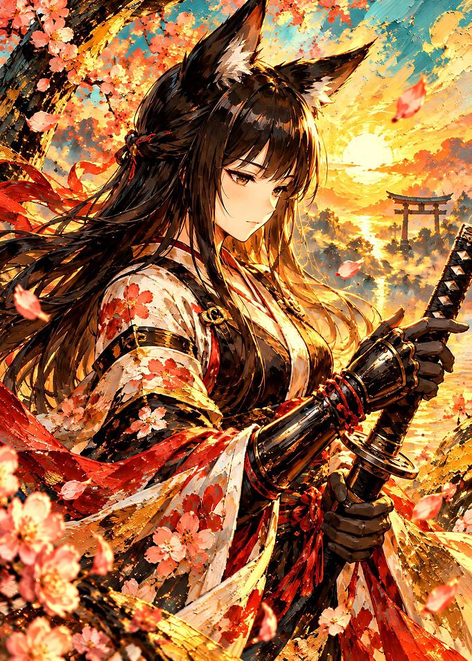 Fox Girl Samurai in Cherry Blossoms