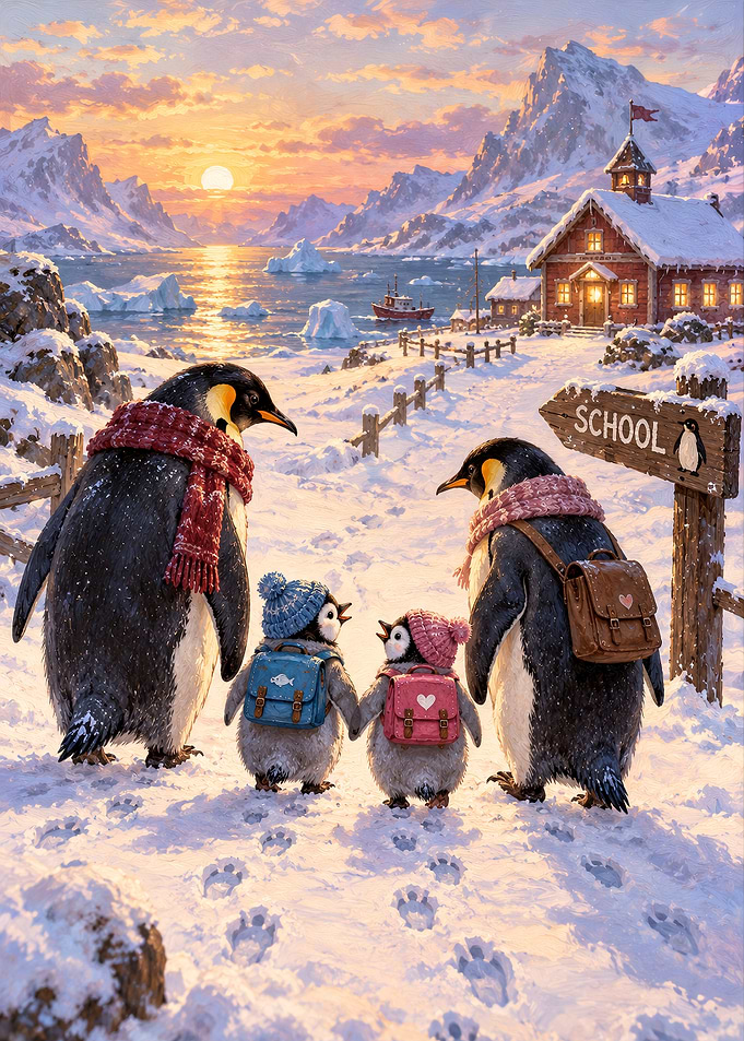 Penguin Family Walking to School