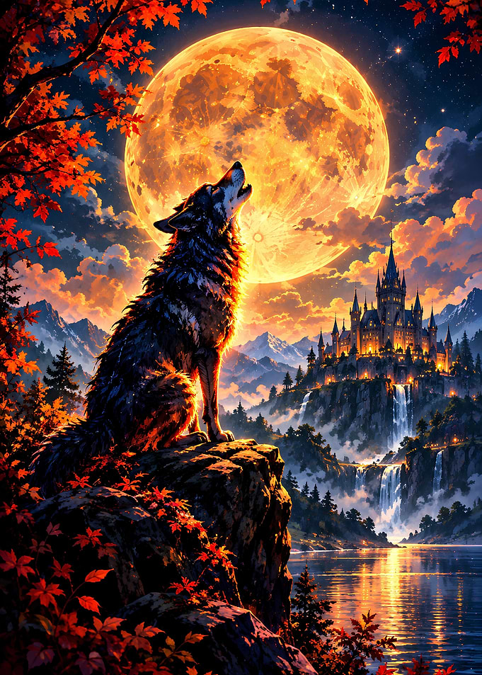 Wolf Howling at Golden Moon