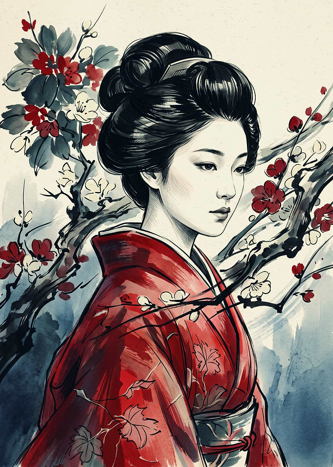 Japanese Geisha And Cherry Blossom Art Japanese Culture Ink Wash Painting Style