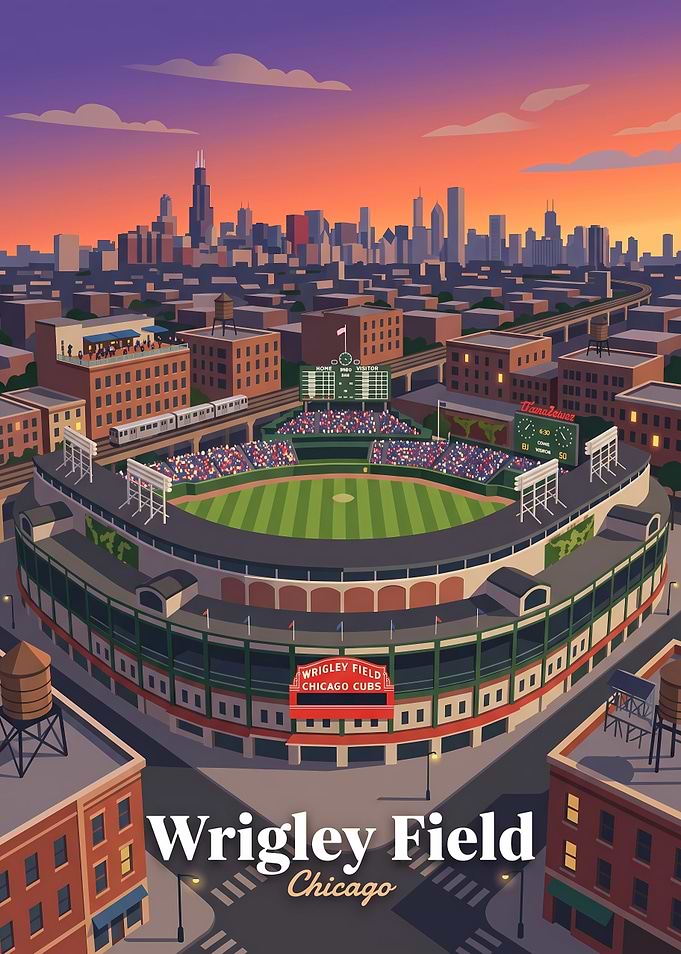 Wrigley Field Chicago Sunset Poster