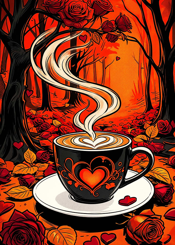 Coffee Cup Rose Forest Red Art Post