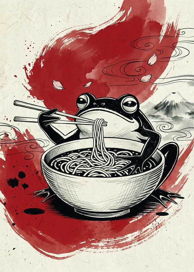 Frog Eating Ramen Japanese Art Asian Food Niche Ink Wash Style