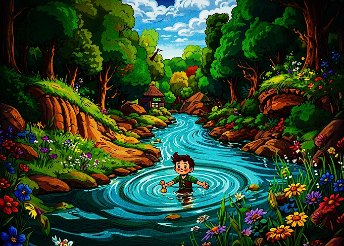 Boy Playing in Enchanted Forest Stream