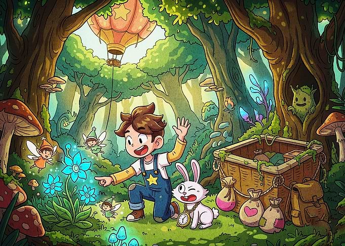 Boy and Rabbit in Enchanted Forest