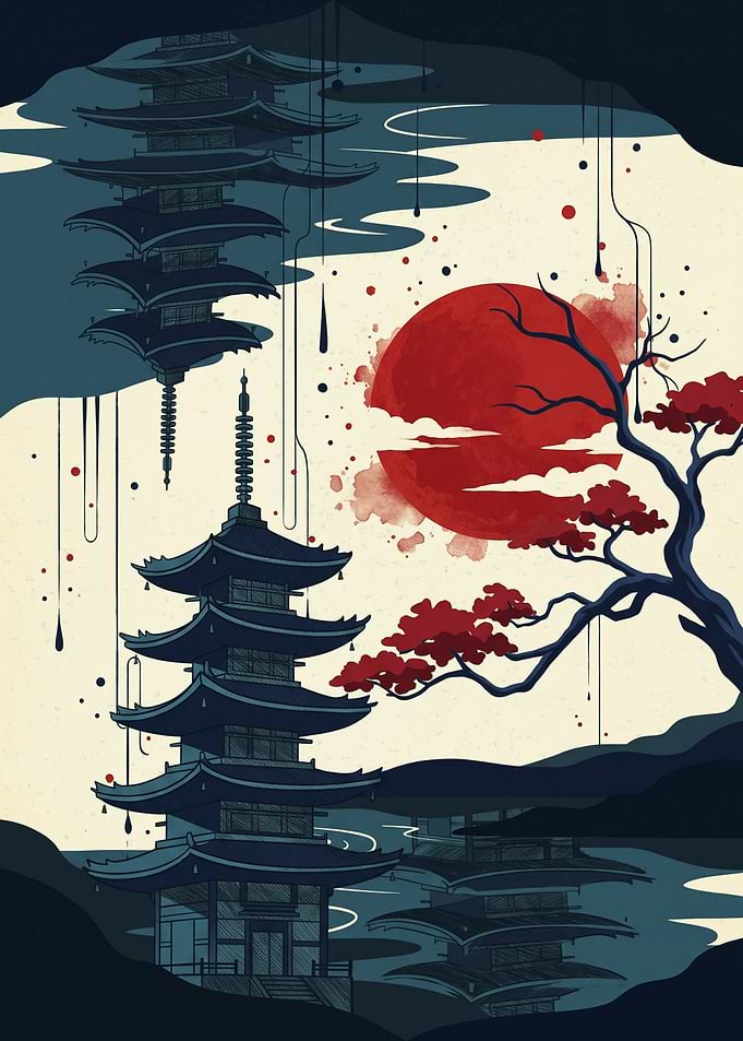Japanese Pagoda Red Sun Architecture Illustration Vintage Art