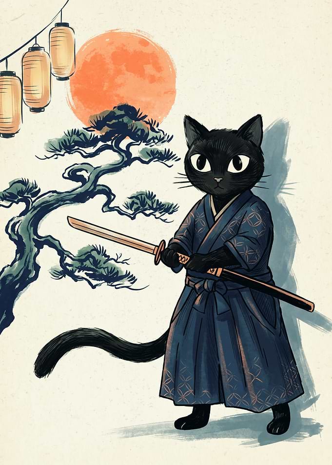 Samurai Cat Japanese Art Print Ukiyo E Style