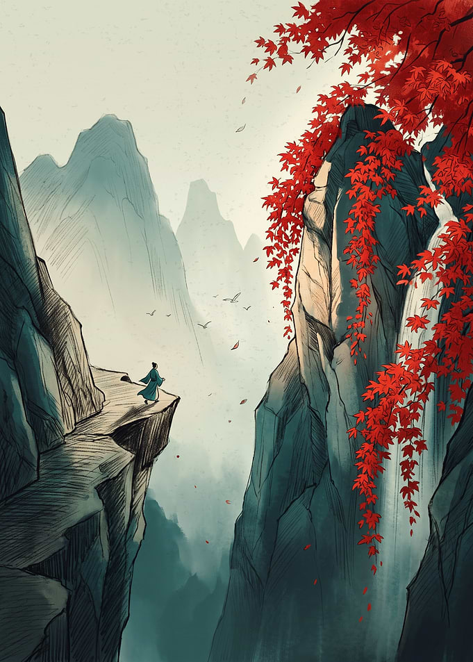 Asian Traveler Cliff Landscape Mountain Scenery Watercolor Ink Painting
