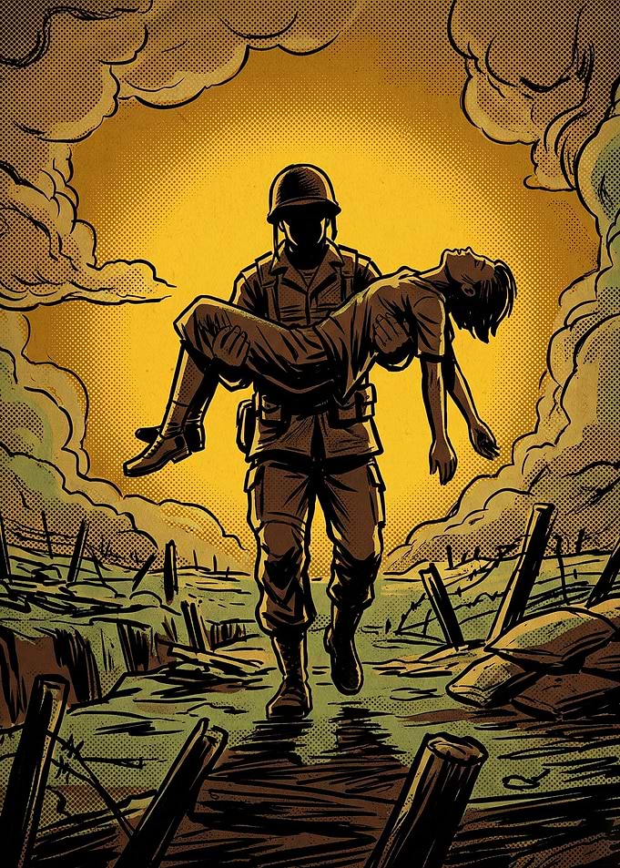 War Soldier Rescue Vintage Art