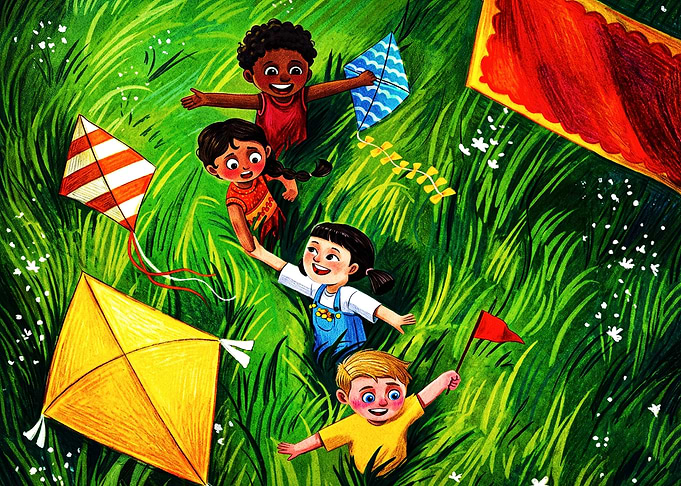 Children Playing with Kites in Grass