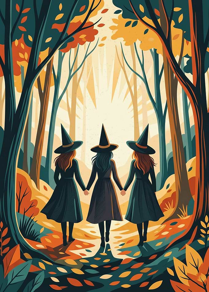 Three Witches Walking In Autumn Forest Witchcraft Magic Art