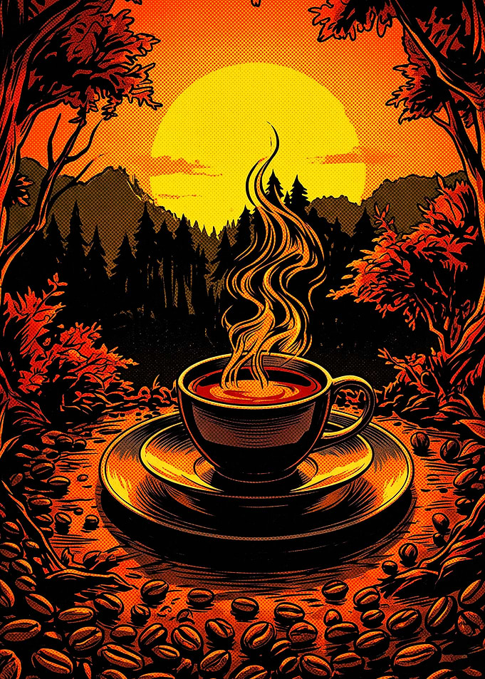 Coffee Sunset Forest Retro Poster