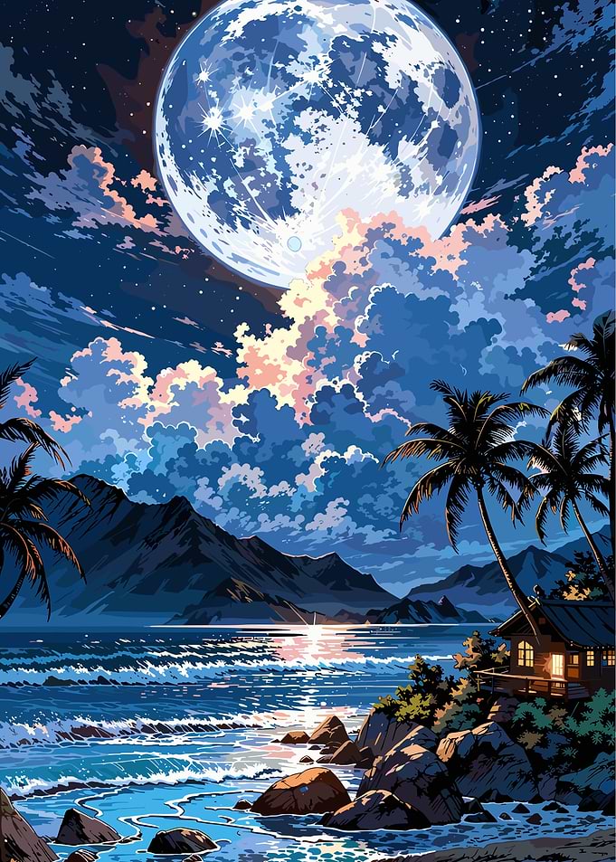 Tropical Beach Under Giant Moon