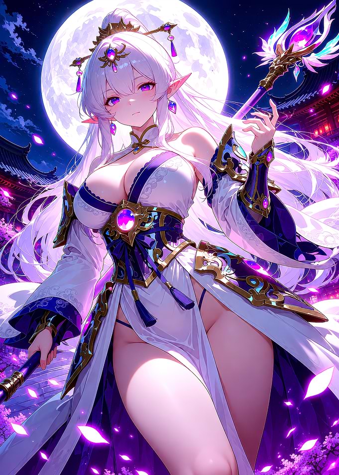 Moonlit Elf Sorceress with Magic Staff