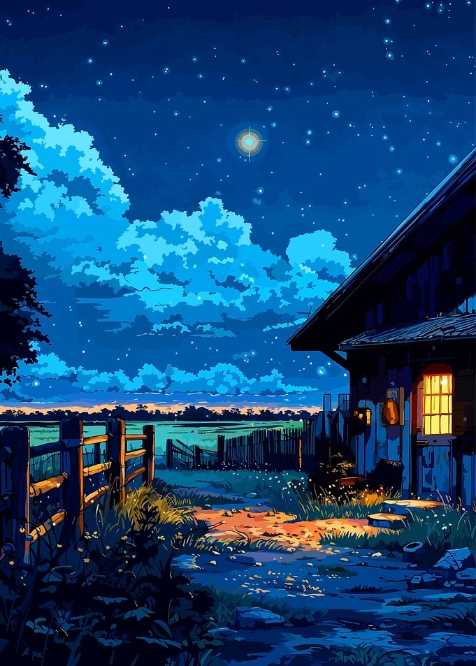 Starry Night Farmhouse Landscape