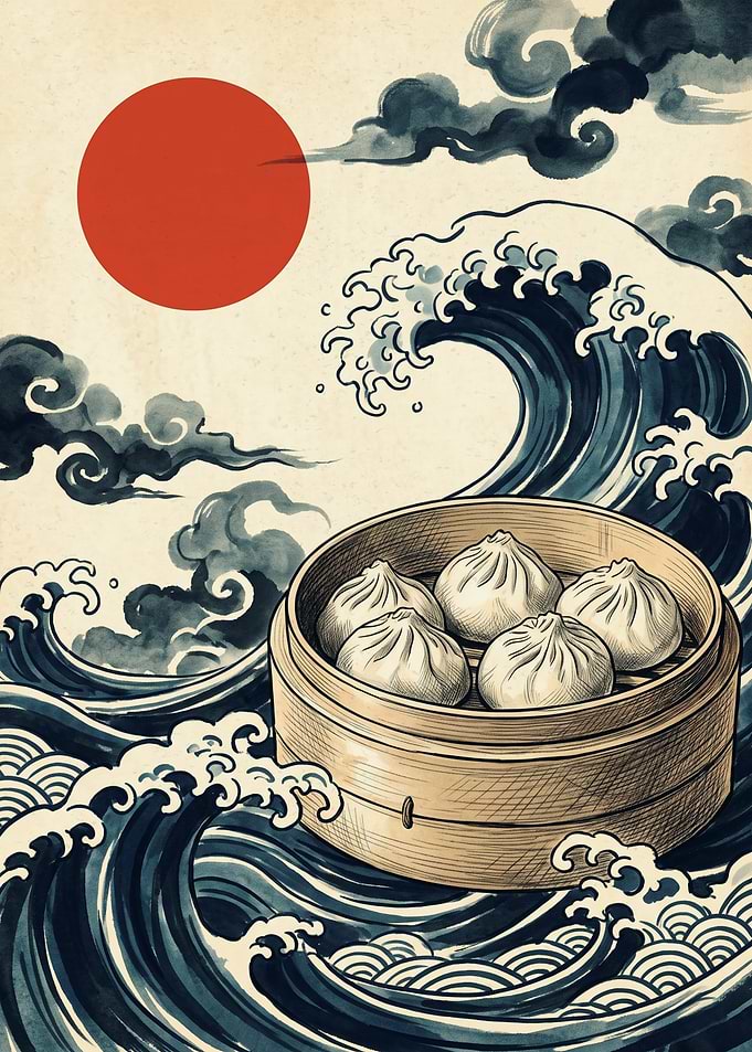 Steamed Dumplings Great Wave Japanese Art Ukiyo-e Style