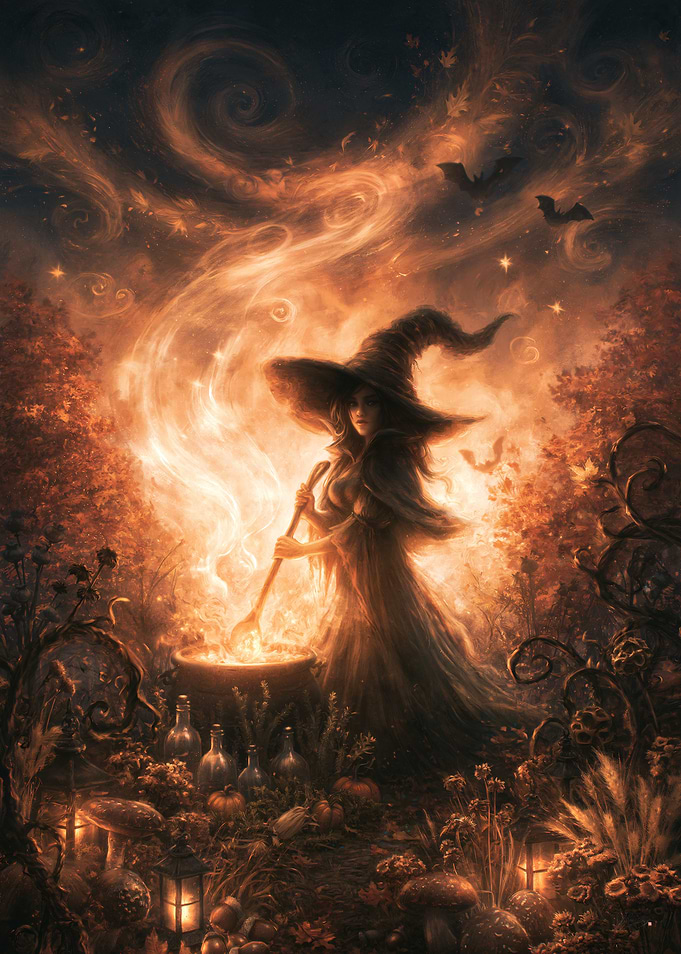 Halloween Witch Brewing an Enchanted Cauldron