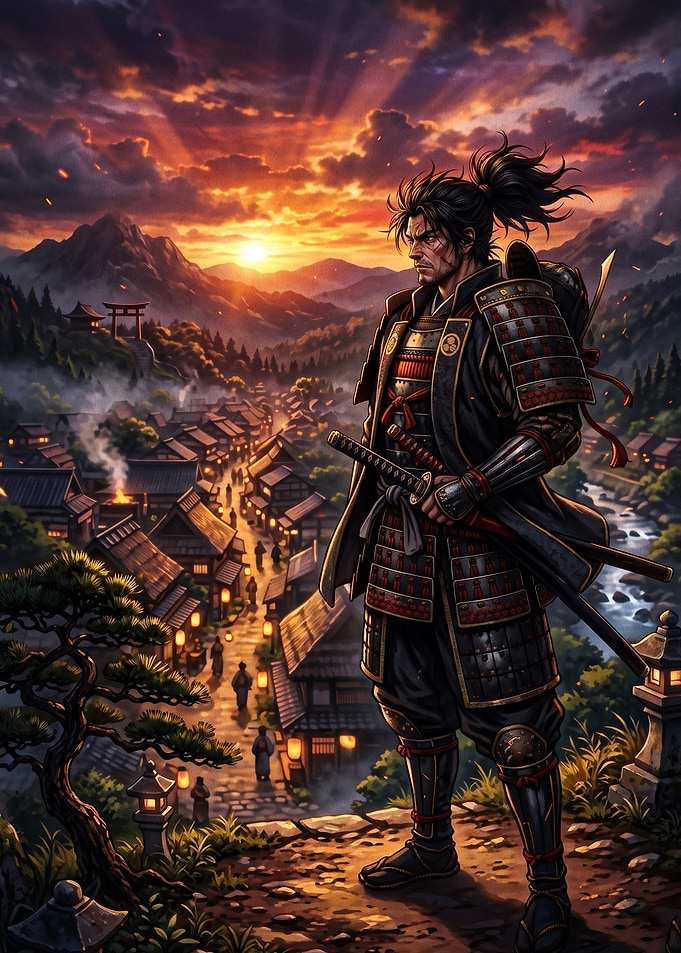 Samurai Sunset Village Japanese Art