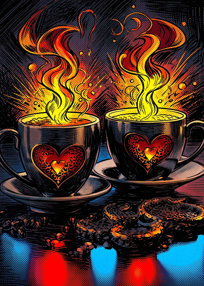 Coffee Flame Heart Retro Comic Art