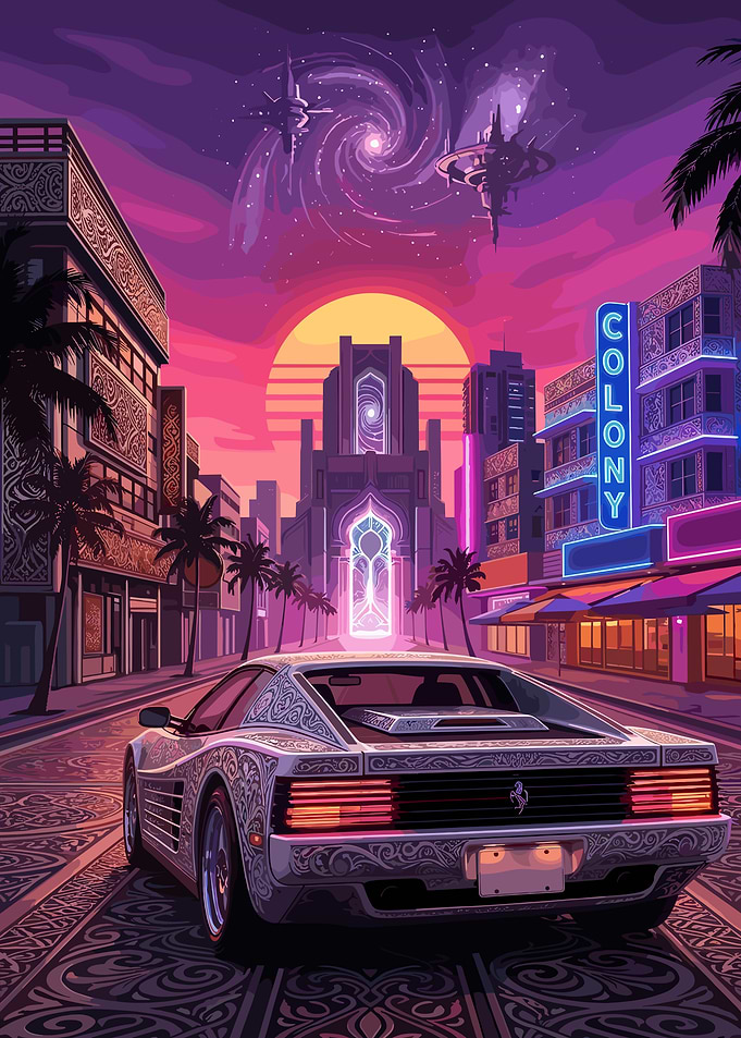 Retro Synthwave Sports Car Cityscape