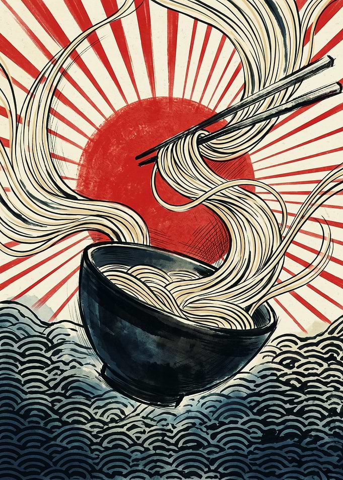 Japanese Ramen Bowl Noodles Chopsticks Art Rising Sun Ukiyo-e Style Print
