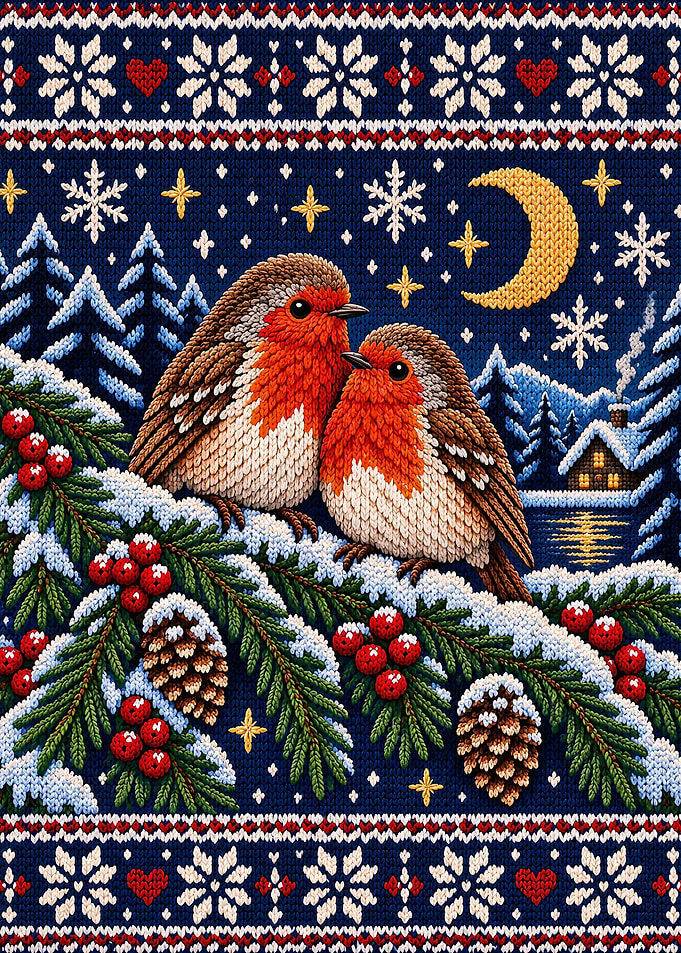 Knitted Winter Robins Under the Moon