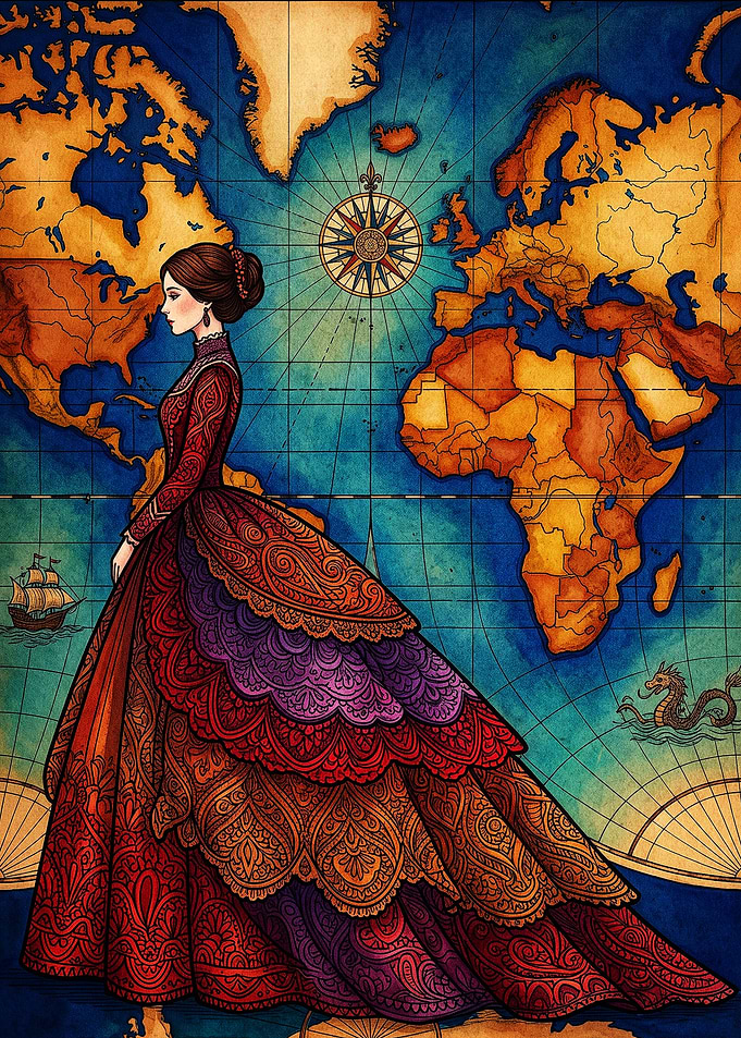 Victorian Lady Before Vintage World Map