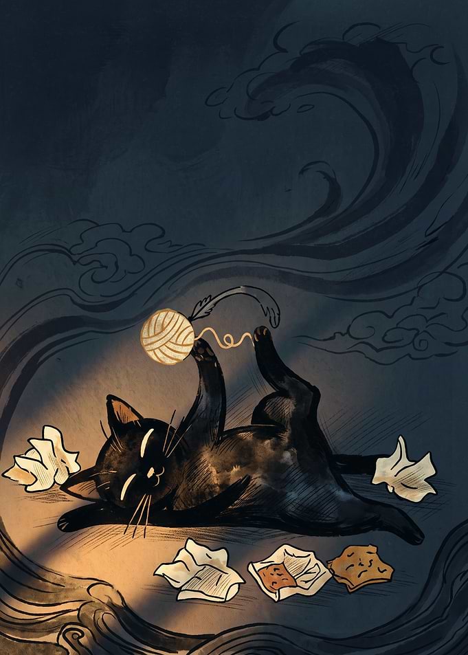 Playing Black Cat Cute Yarn Ball Illustration Dark Aesthetic Art