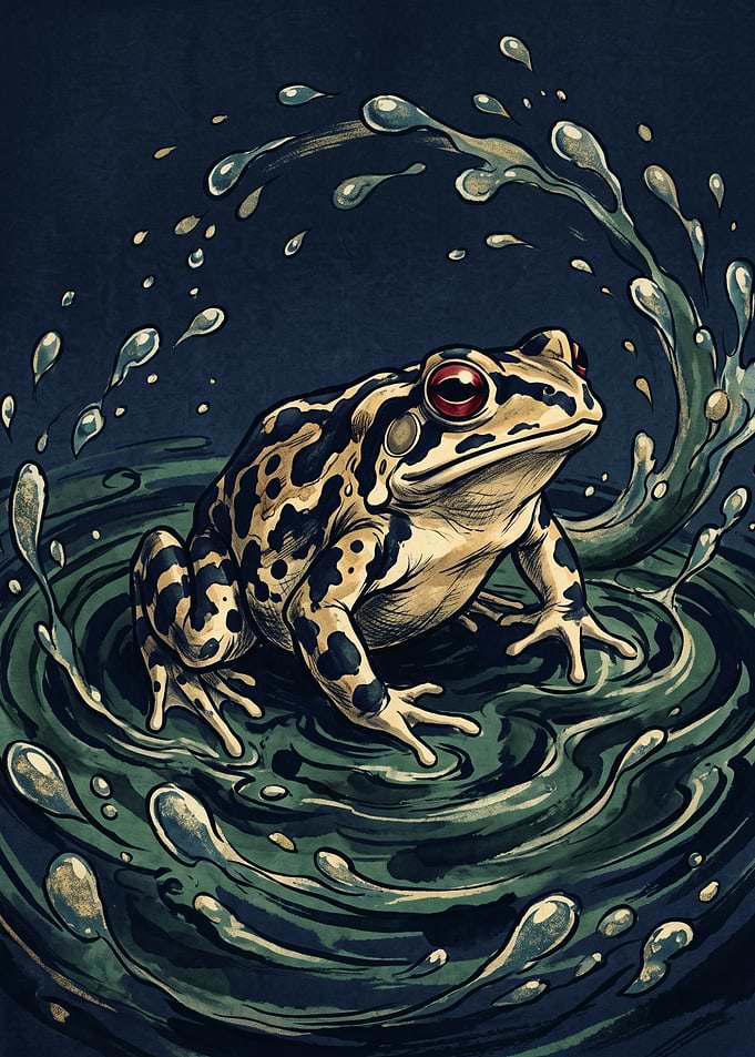 Jumping Frog In Water Splash Wildlife Animal Illustration With Clear Brush Strokes