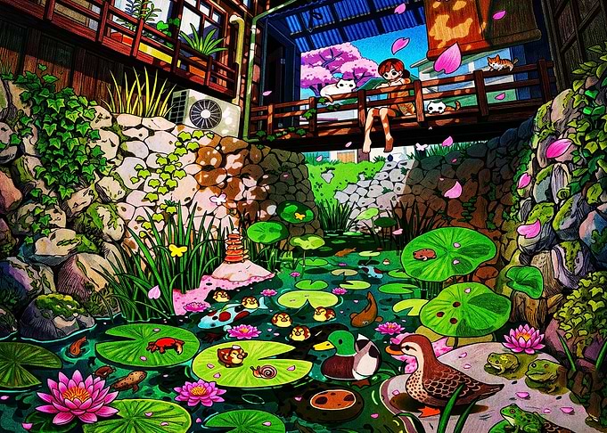 Anime Girl Relaxing by Koi Pond