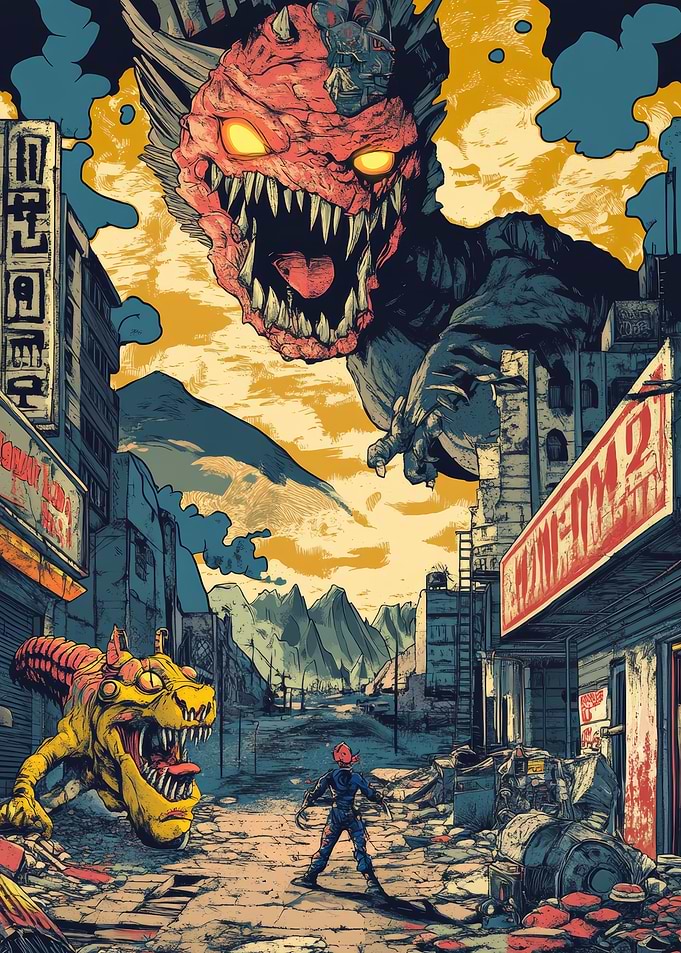 Post-Apocalyptic Monster Battle Scene