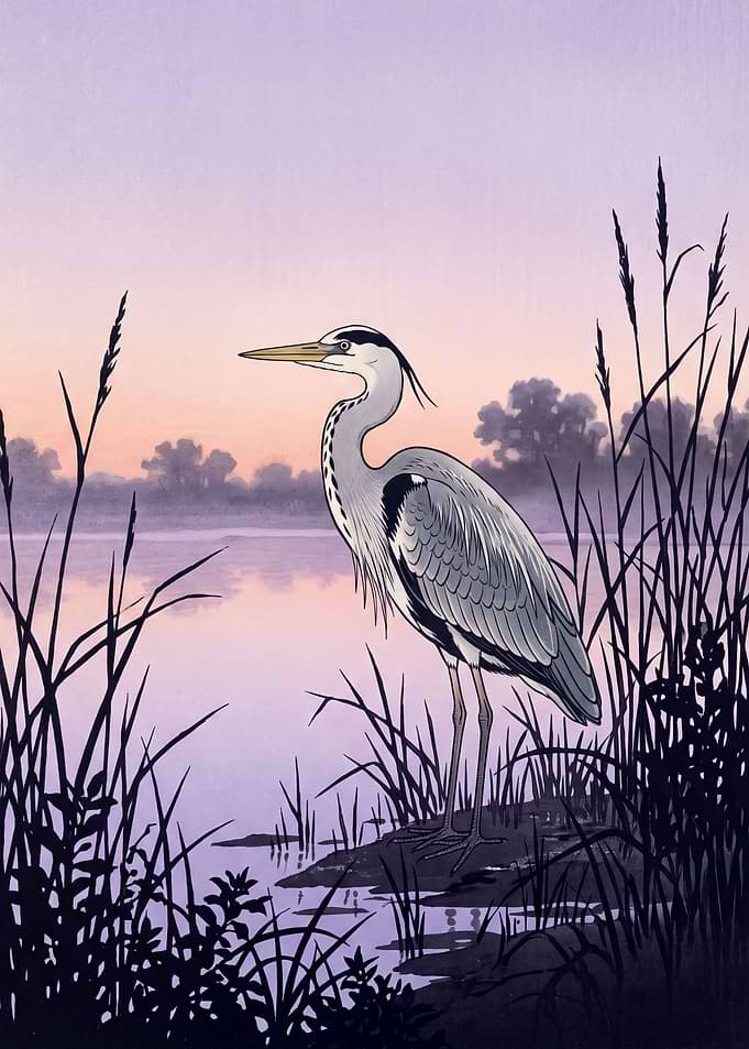 Shin-Hanga Heron at Dusk