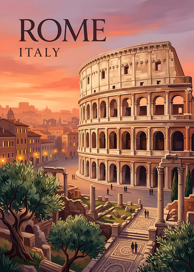Rome Italy Colosseum Vintage Travel Poster