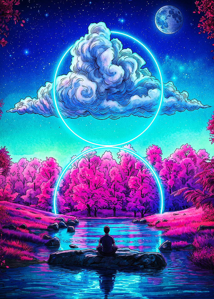 Meditating Figure in Neon Landscape