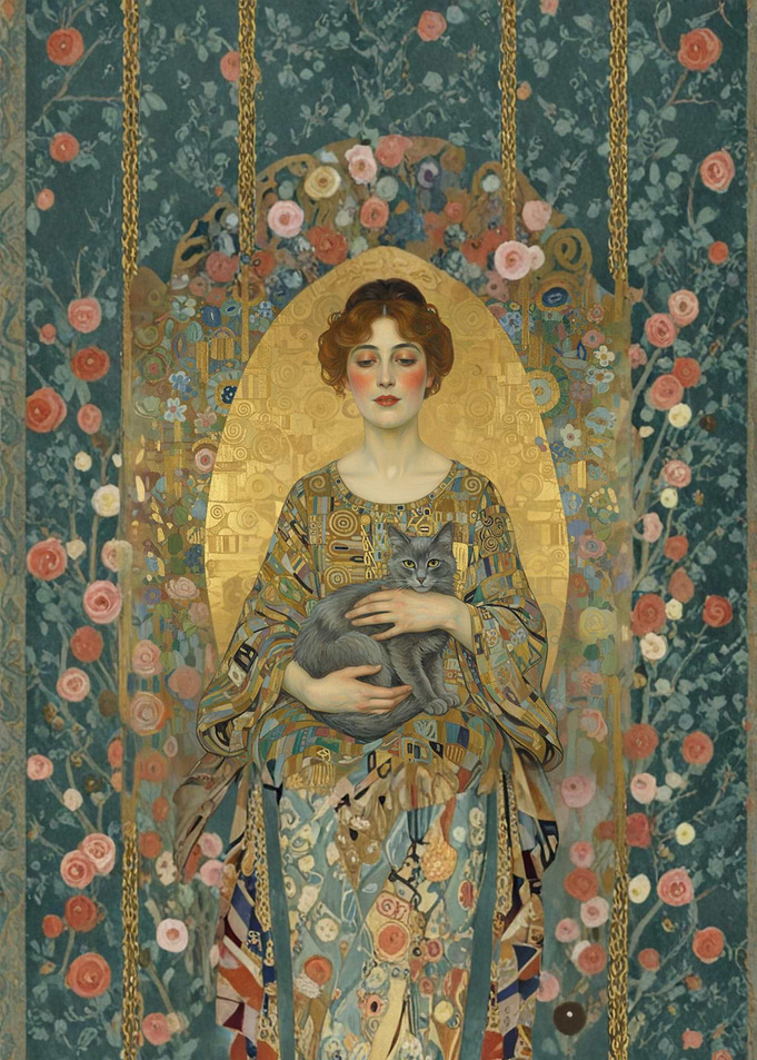 Gustav Klimt Style Woman with Cat