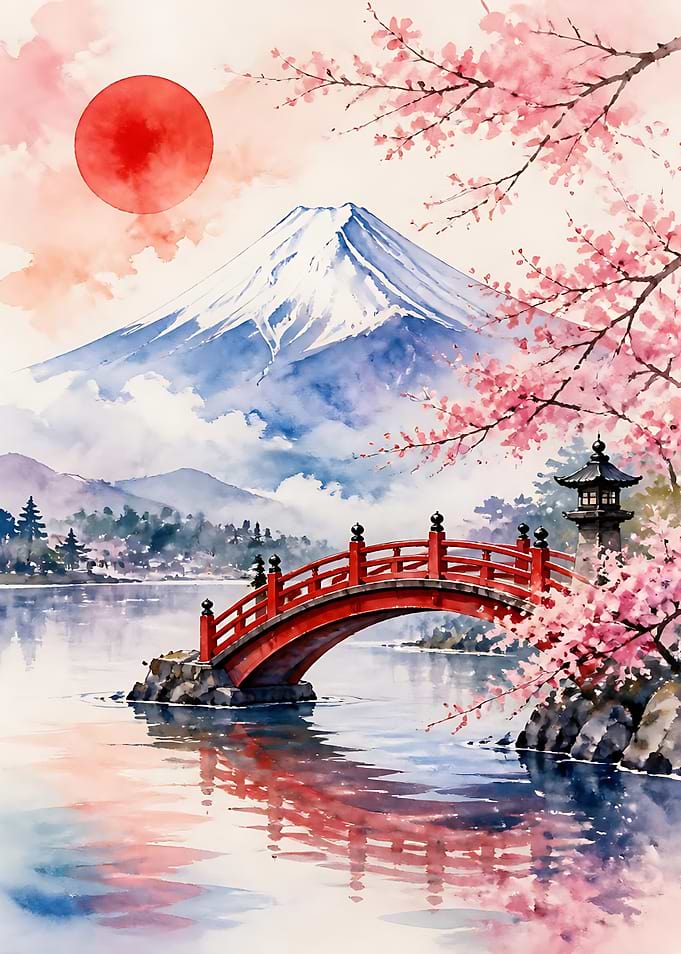 Mount Fuji and Red Bridge Watercolor