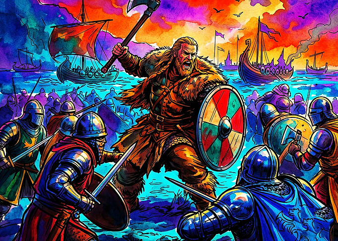Viking Battle Colorful Watercolor A