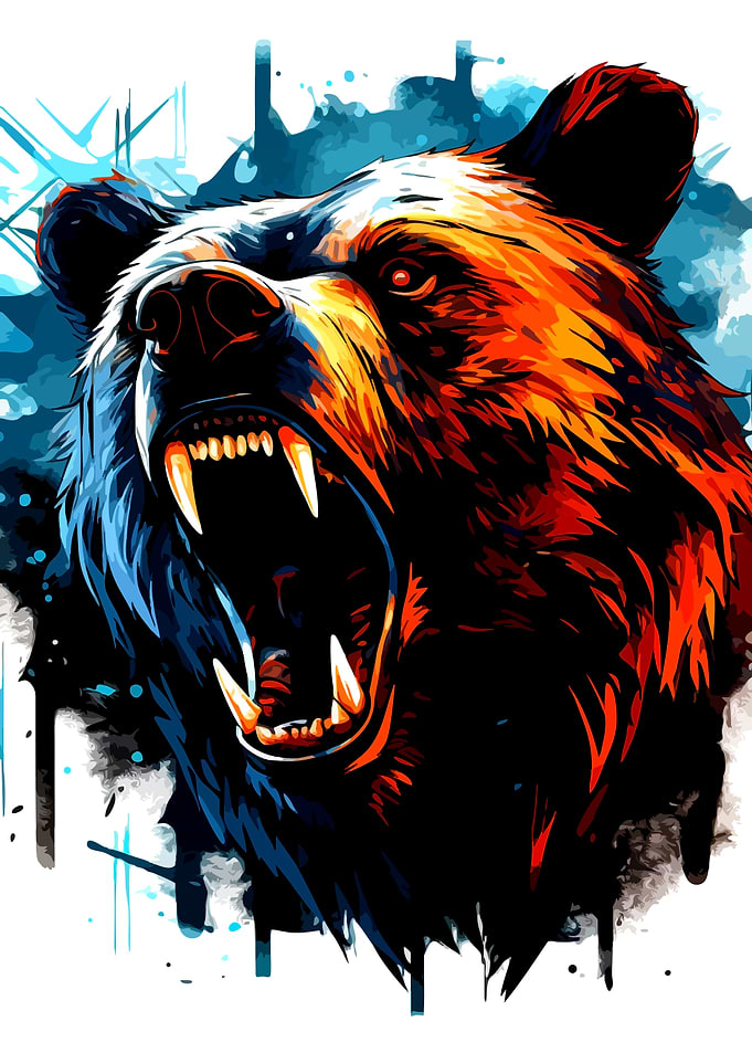 Aggressive Grizzly Bear Watercolor Portrait
