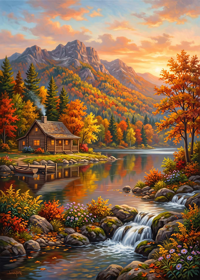 Autumn Cabin by the Mountain Lake