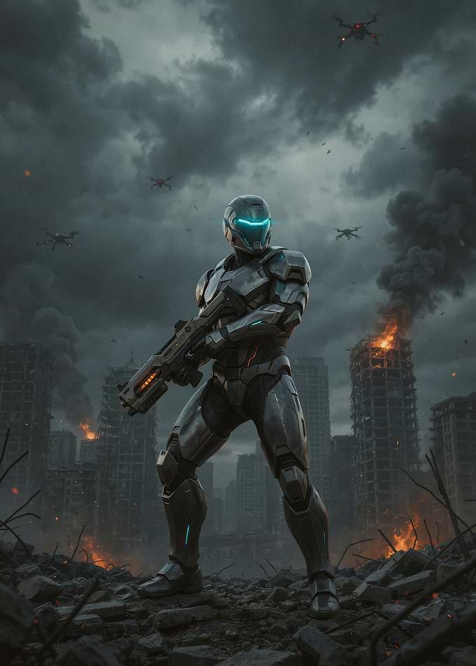 Futuristic Soldier in War-Torn City