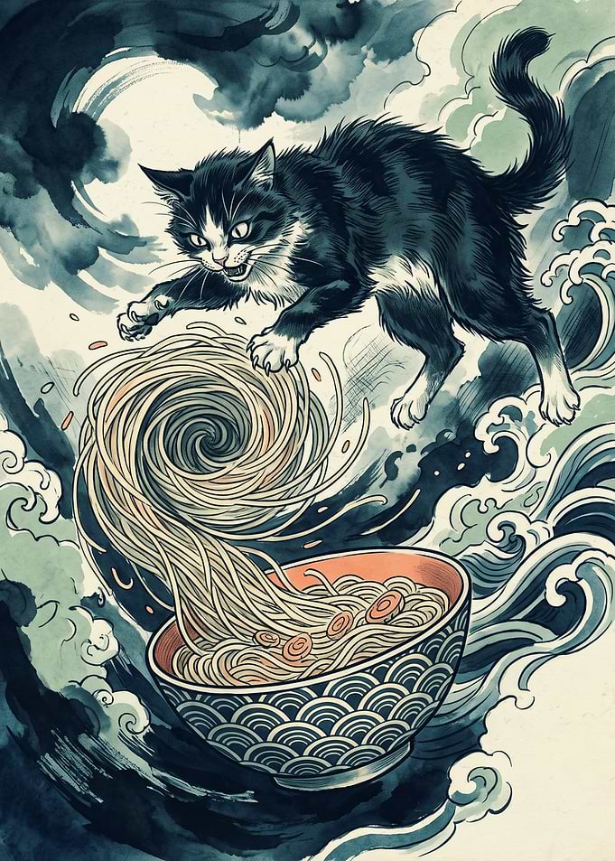 Cat Ramen Noodle Bowl Japanese Ukiyo E Art