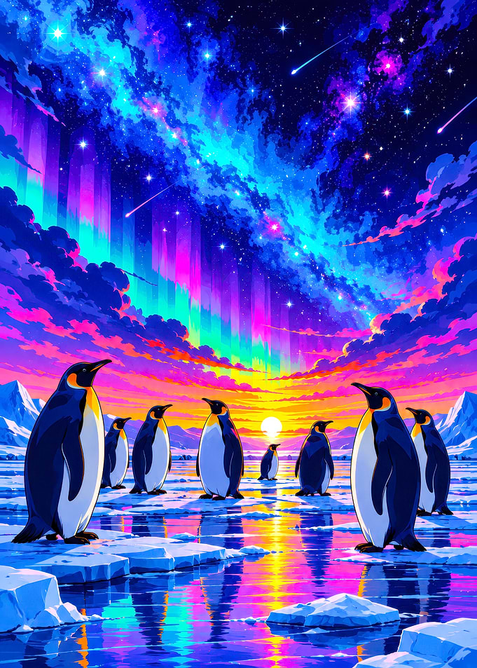 Penguins Under a Vibrant Cosmic Sky