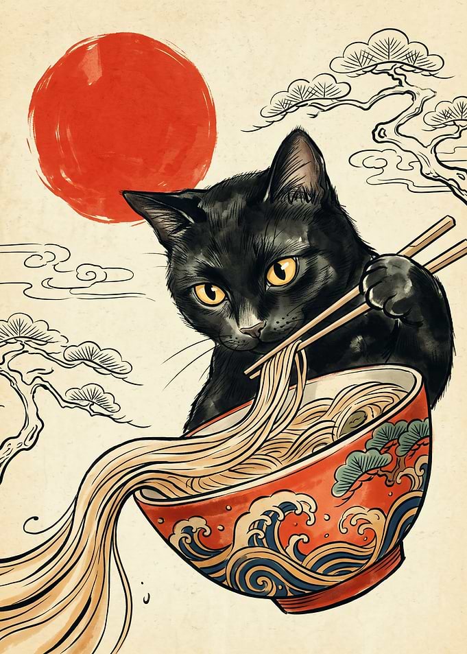 Black Cat Eating Ramen Japanese Ukiyo-e Art Style