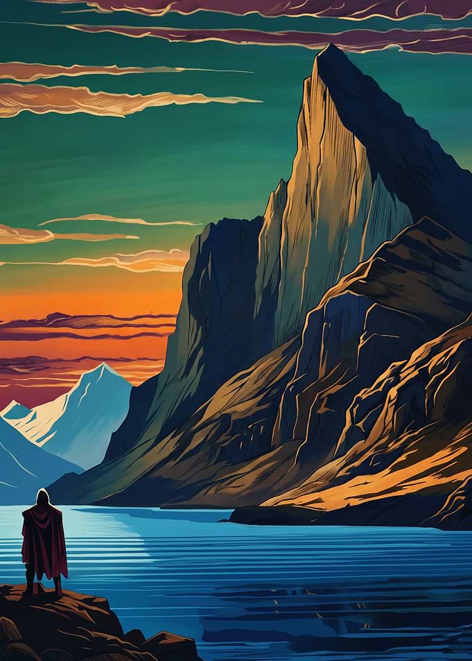 Lone Traveler Mountain Landscape Adventure Nature Art Print Vector Illustration